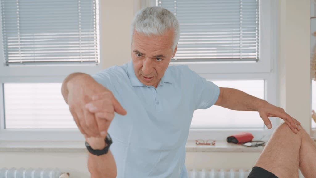 Erfahrener Physiotherapeut bei der manuellen Behandlung eines Patienten in der Praxis Physiotherapie Simo in Bonn-Bad Godesberg.